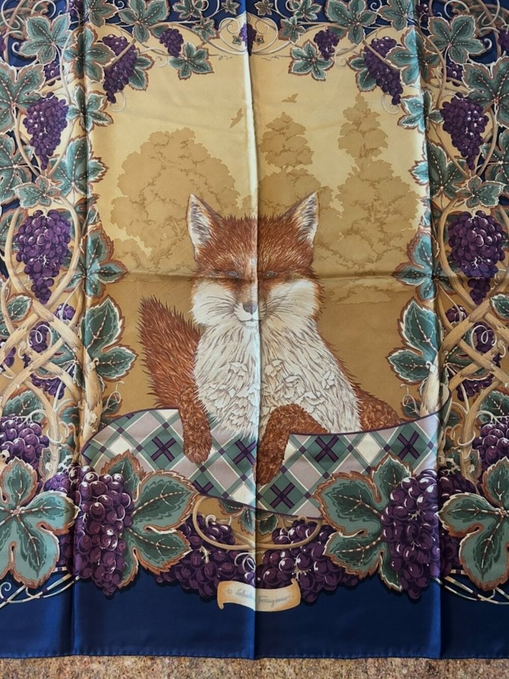 Vintage Salvatore Ferragamo Silk Scarf with Fox & Grape Hand Rolled Edges 33x35 - Picture 4 of 16